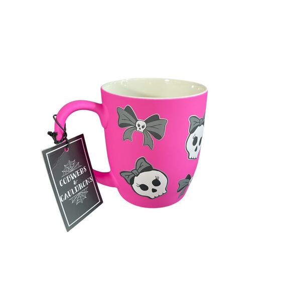 Cobwebs & Cauldrons Hot Pink Skull Bow Halloween Coffee Mug Cute Gothic Cup - Picture 1 of 3